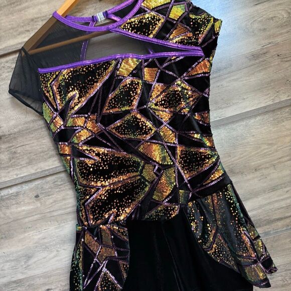 A Wish Come True 24203X Dance Costume Black Velvet Purple Gold Sequins Jazz Acro - Picture 4 of 10